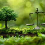 arbre vert en feuilles et balance de la justice symbolisant la loi AGEC et le rapport de la mission d'évaluation de la loi AGEC