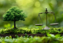 arbre vert en feuilles et balance de la justice symbolisant la loi AGEC et le rapport de la mission d'évaluation de la loi AGEC