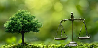 arbre vert en feuilles et balance de la justice symbolisant la loi AGEC et le rapport de la mission d'évaluation de la loi AGEC