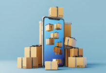 Livraison e-commerce, cartons sortant d'un smartphone